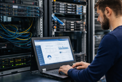 Specjalista IT pracujący w serwerowni przy laptopie – zarządzanie infrastrukturą IT i systemami firmowymi, zaplecze techniczne usług informatycznych