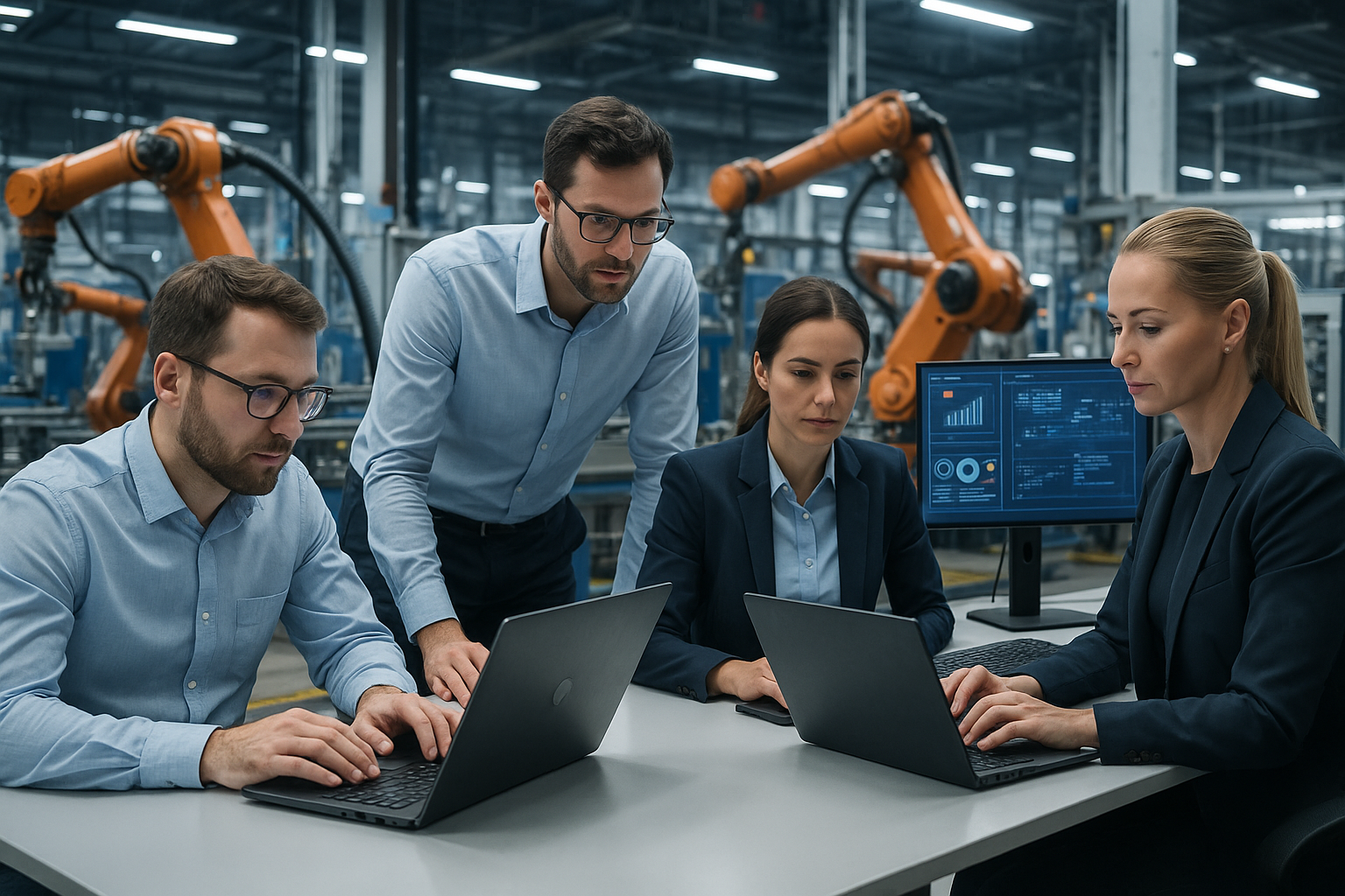 Zespół specjalistów IT pracuje przy laptopach w nowoczesnej hali produkcyjnej w Poznaniu. W tle widoczne są ramiona robotów przemysłowych i zaawansowane maszyny. Wszyscy ubrani są w elegancki, biznesowy styl. Scena ukazuje integrację technologii informatycznej z przemysłem.