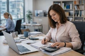 Dwie księgowe pracujące w nowoczesnym biurze rachunkowym – jedna na pierwszym planie analizuje dokumenty i pracuje z kalkulatorem, druga w tle obsługuje komputer; jasne wnętrze, naturalne światło, codzienna atmosfera pracy.
