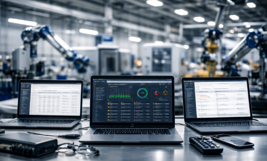 Stanowisko IT w nowoczesnej hali produkcyjnej w Poznaniu – laptopy z systemami monitoringu infrastruktury, serwerów i bezpieczeństwa IT, w tle roboty przemysłowe i linia produkcyjna, bez obecności ludzi.