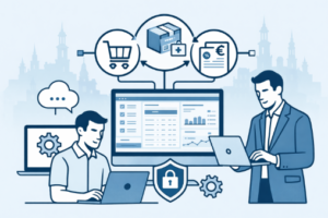 Ilustracja przedstawiająca obsługę IT dla firm handlowych i e-commerce – systemy sprzedażowe, bezpieczeństwo danych, integrację IT oraz wsparcie pracy zespołów sprzedaży i logistyki.