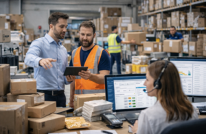 Stanowisko obsługi sprzedaży internetowej w firmie handlowej – pracownicy realizują zamówienia i pracują w systemach sprzedażowych oraz magazynowych, w tle półki z paczkami i zaplecze e-commerce.